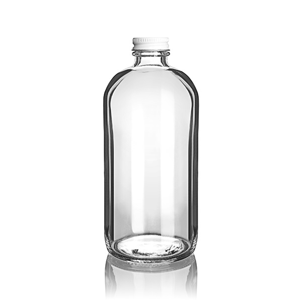 16oz (480ml) Flint (Clear) Boston Round Glass Bottle - 28-400 Neck