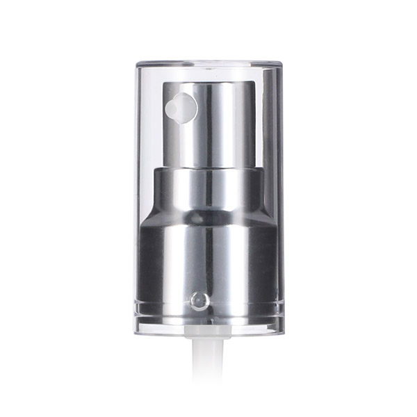 20-410 WHITE PP SMOOTH SIDE SILVER METAL OVERSHELL TREATMENT PUMP WITH CLEAR OVERCAP 0.23ML OUTPUT 1.7MM ORIFICE