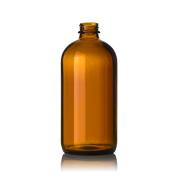 16OZ AMBER BOSTON ROUND GLASS BOTTLE - 28-405 NECK