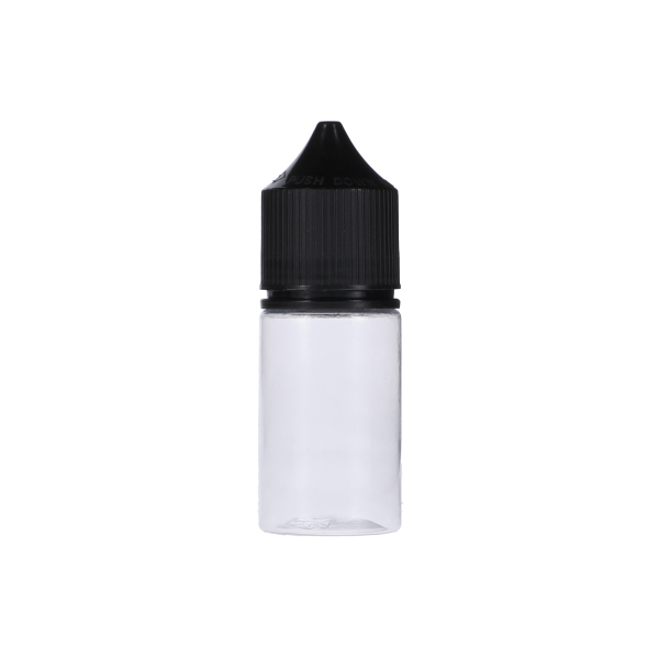  30ML CLEAR PET STUBBY UNICORN BOTTLE WITH BLACK CR TAMPER EVIDENT BREAK-OFF BAND CLOSURE