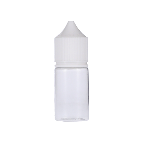 30ML CLEAR PET STUBBY UNICORN BOTTLE WITH WHITE CR TAMPER EVIDENT BREAK-OFF BAND CLOSURE