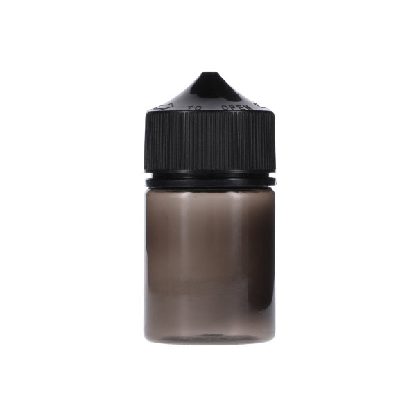 60ML TRANSLUCENT BLACK PET STUBBY UNICORN BOTTLE WITH BLACK CR TAMPER EVIDENT BREAK-OFF BAND CLOSURE