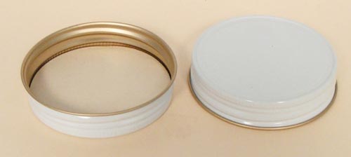 70MM WHITE THREADS, KNURLS, & CURL TIN-PLATE STEEL METAL CONTINUOUS THREAD (CT) CAP WITH PULP POLY LINER