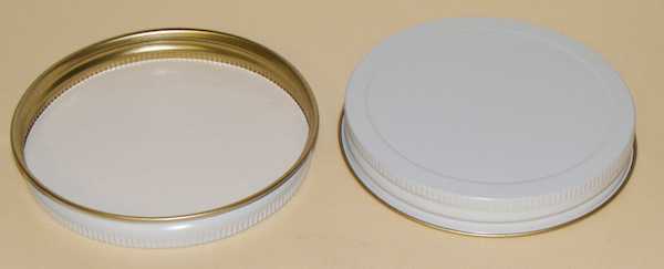 83-400 WHITE THREADS, KNURLS, & CURL TIN-PLATE STEEL METAL CONTINUOUS THREAD (CT) CAP WITH PULP POLY LINER