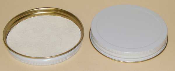 83-400 WHITE THREADS, KNURLS, & CURL TIN-PLATE STEEL METAL CONTINUOUS THREAD (CT) CAP WITH PULP ALUMINUM LINER