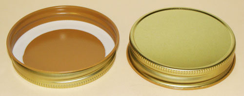 70MM GOLD/BUFF THREADS, KNURLS, & CURL TIN-PLATE STEEL METAL CONTINUOUS THREAD (CT) CAP WITH PLASTISOL LINER