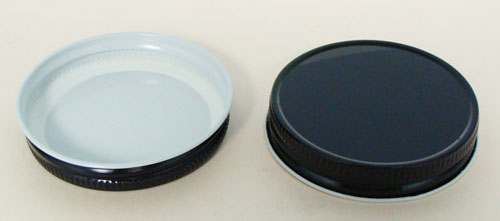 70MM BLACK/WHITE THREADS, KNURLS, & CURL TIN-PLATE STEEL METAL CONTINUOUS THREAD (CT) CAP WITH PLASTISOL LINER
