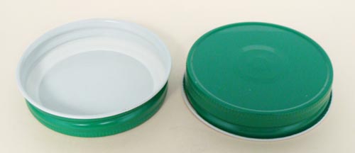 70MM GREEN/WHITE THREADS, KNURLS, & CURL TIN-PLATE STEEL METAL CONTINUOUS THREAD (CT) CAP WITH PLASTISOL LINER