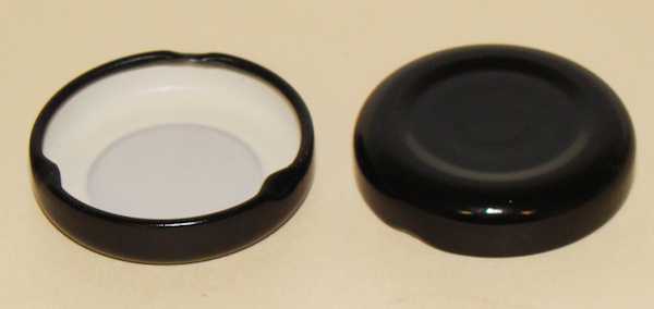 38-2000 BLACK TIN-PLATE STEEL BUTTONED METAL LUG / TWIST CAP WITH PLASTISOL LINER