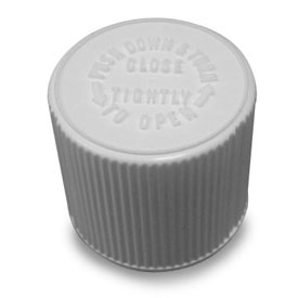 28-480 WHITE RIB SIDE TEXT TOP PLASTIC CHILD RESISTANT CAP