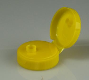 33-400 YELLOW RIB SIDE SMOOTH TOP PLASTIC FLIP TOP DISPENSING CAP WITH ORIFICE ".250", .375", OR .500"