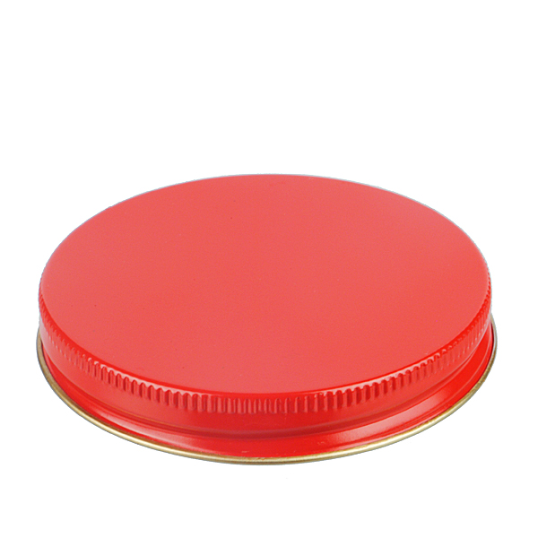 83-400 RED THREADS AND KNURLED EDGE TIN PLATE METAL SCREW CAP - PS22 PRINTED "SFYP" LINER