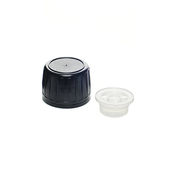 PP28 BLACK HDPE LARGE RIB TAMPER EVIDENT CAP ASSEMBLED WITH 19.4MM LDPE POURING LIP INSERT