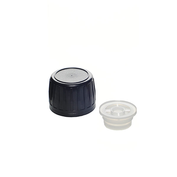 PP28 BLACK HDPE LARGE RIB TAMPER EVIDENT CAP ASSEMBLED WITH 20MM LDPE POURING LIP INSERT