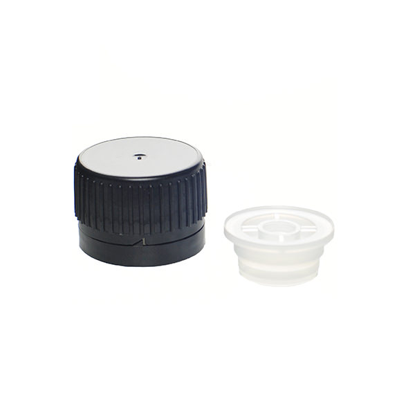 PP28 BLACK HDPE FINE RIB TAMPER EVIDENT CAP ASSEMBLED WITH 20MM LDPE POURING LIP INSERT