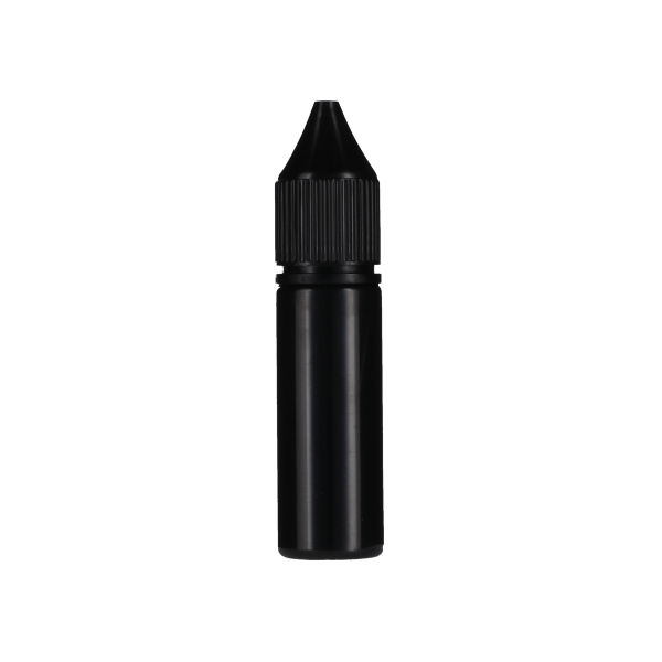 15ML BLACK PET UNICORN BOTTLE WITH BLACK CR TAMPER EVIDENT BREAK-OFF BAND CLOSURE