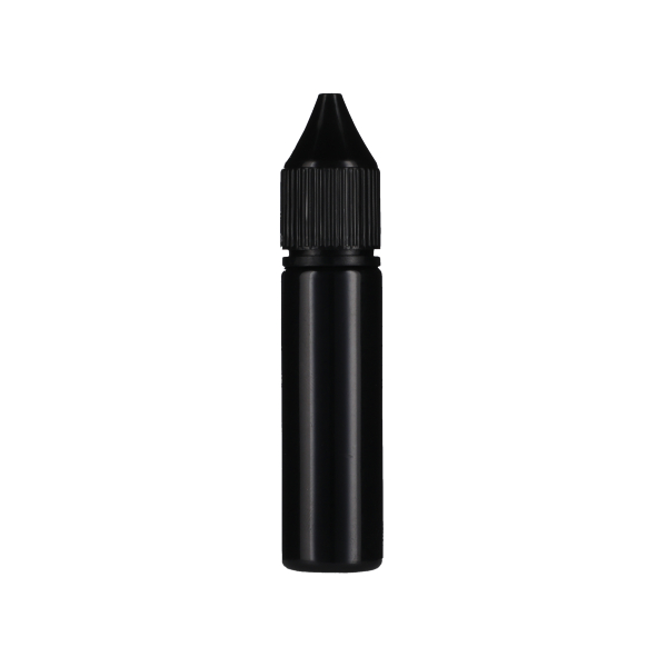 20ML BLACK PET UNICORN BOTTLE WITH BLACK CR TAMPER EVIDENT BREAK-OFF BAND CLOSURE