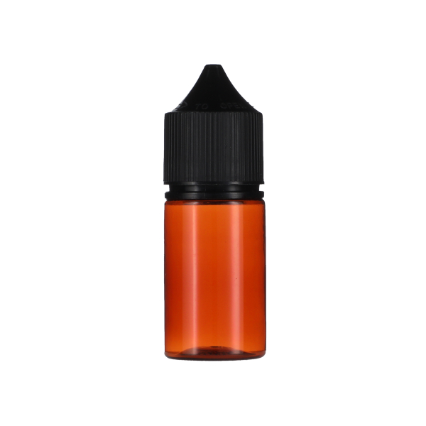 30ML TRANSLUCENT AMBER PET STUBBY UNICORN BOTTLE WITH BLACK CR TAMPER EVIDENT BREAK-OFF BAND CLOSURE
