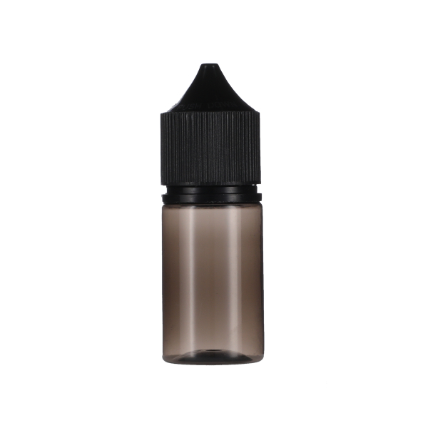 30ML TRANSLUCENT BLACK PET STUBBY UNICORN BOTTLE WITH BLACK CR TAMPER EVIDENT BREAK-OFF BAND CLOSURE