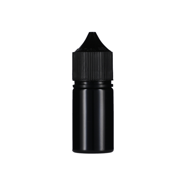 30ML BLACK PET STUBBY UNICORN BOTTLE WITH BLACK CR TAMPER EVIDENT BREAK-OFF BAND CLOSURE
