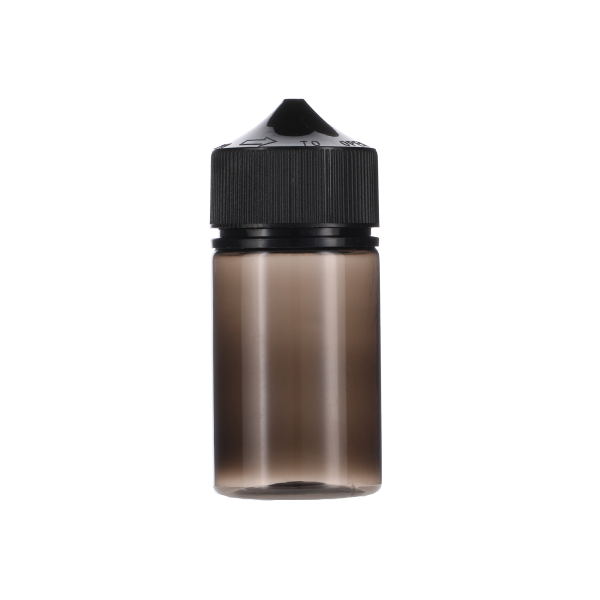 75ML TRANSLUCENT BLACK PET STUBBY UNICORN BOTTLE WITH BLACK CR TAMPER EVIDENT BREAK-OFF BAND CLOSURE