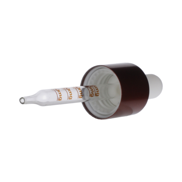 30ML FLINT GLASS TE BEAD BOSTON ROUND 18 DIN NECK WITH 18-415 WHITE PP  AMBER METAL OVERSHELL TE/CR 65MM X 7MM GRADUATED 10MG - 45MM GLASS PIPETTE STRAIGHT TIP 1.6MM ORIFICE-detail image