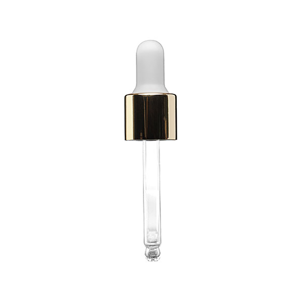 18-415 WHITE PP CLOSURE SHINY GOLD OVERSHELL WHITE NBR DROPPER BULB GLASS PIPETTE 7X61MM LENGTH ROUNDED TIP
