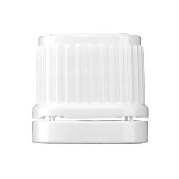 18-DIN WHITE RIB SIDE HDPE TAMPER EVIDENT CAP WITH VERTICAL DROPPER INSERT 0.9MM DROP / 1.3MM AIR ORIFICE