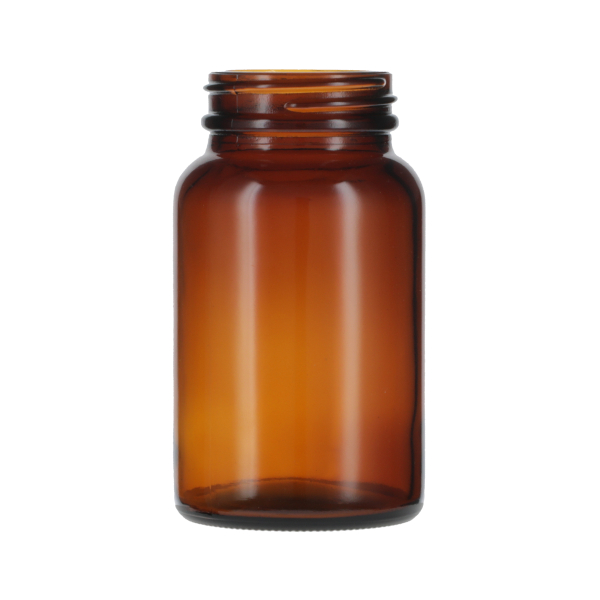 150CC AMBER GLASS WIDE MOUTH PACKER ROUND WITH 45-400 NECK FINISH