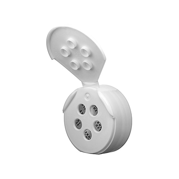 43-485 WHITE PP SPICE FLAPPER CAP .250" 5-HOLE SEALED FOR FRESHNESS PRINTED HS Liner