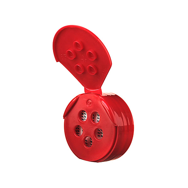 43-485 RED PP SPICE FLAPPER CAP .250" 5-HOLE SEALED FOR FRESHNESS PRINTED HS LINER